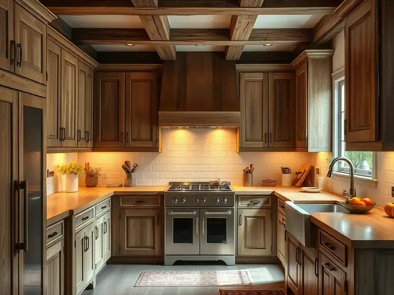 Rustic farmhouse kitchen with distressed wood cabinets
