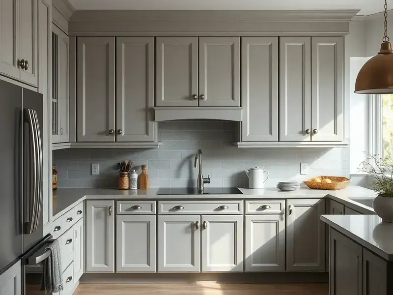 Beautifully refinished gray cabinets